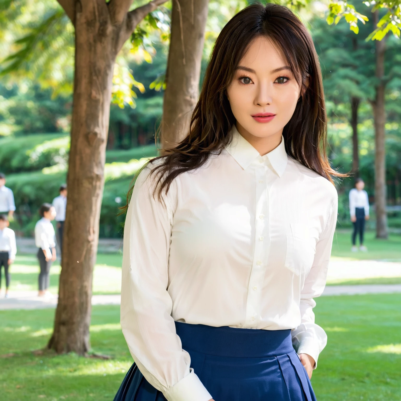 Arabian woman in a white shirt and blue skirt standing in the park, Wearing a white button-up shirt, Song Hye-kyo, Wearing a white shirt, Wearing a blouse, 白いWearing a blouse, From Korea, Wearing a white shirt, Shin Min-jung, Wearing a white shirt, Beautiful Korean Women, Wearing a light shirt, Young Asian Woman