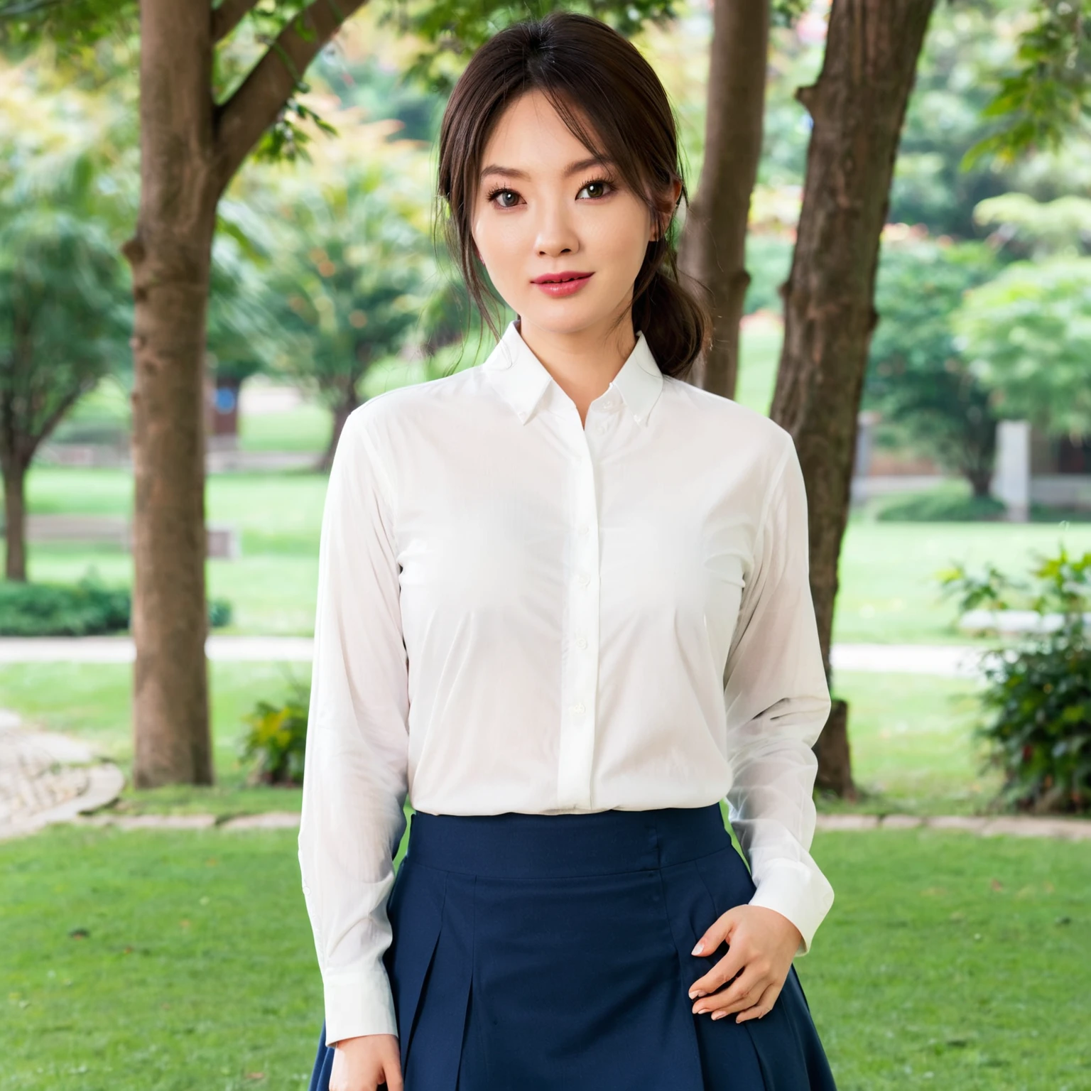 Arabian woman in a white shirt and blue skirt standing in the park, Wearing a white button-up shirt, Song Hye-kyo, Wearing a white shirt, Wearing a blouse, 白いWearing a blouse, From Korea, Wearing a white shirt, Shin Min-jung, Wearing a white shirt, Beautiful Korean Women, Wearing a light shirt, Young Asian Woman