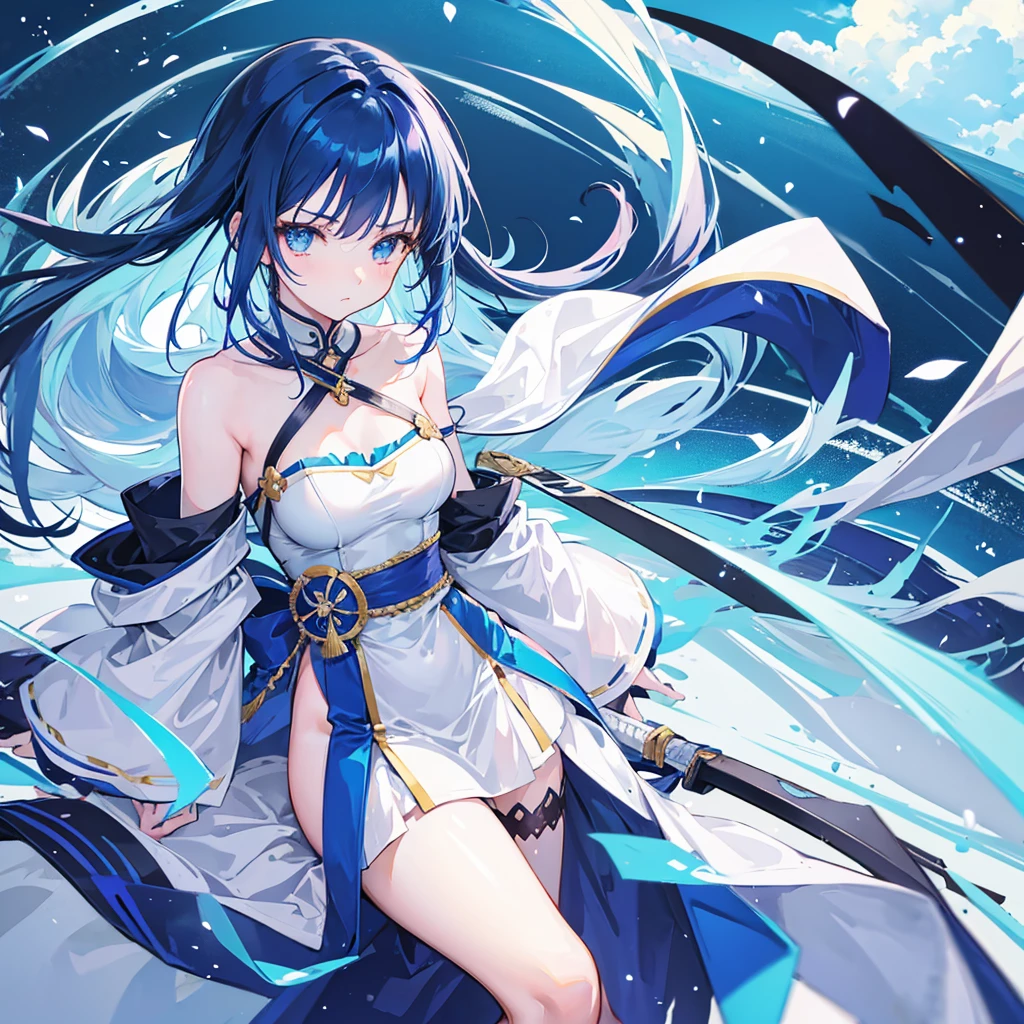 Let her be an anime girl similar to Suguha from Sword Art Online, only with blue locks, somewhat lo-fi style.