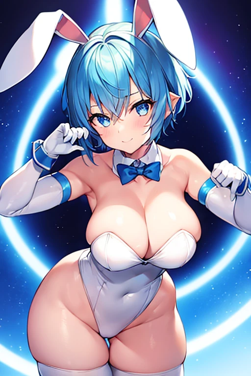 1girl, breasts, huge breasts, thick thighs, wide hips, blue hair, very short hair, (very short hair), pixie cut, ((pixie cut)), blue eyes, rabbit ears, bunny ears, light skin, white skin, (petite), ((petite)), ((small)), white leotard, playboy bunny, bunnysuit, smile, neon, neon trim, neon lights, machinery, tech, futuristic, science-fiction, elbow gloves, gloves, cleavage, ((bent over)), bent over, hands up, clenched hand, clenched hands