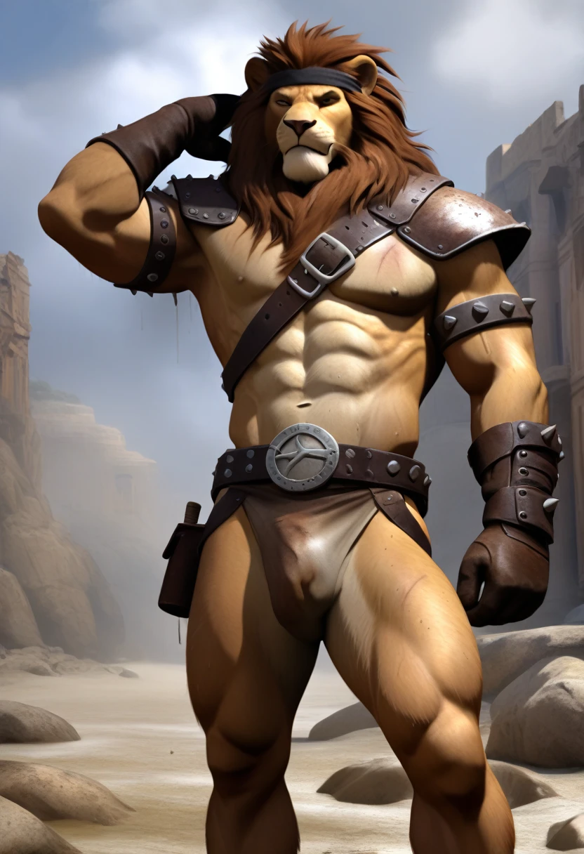 Solo Sexy anthro furry lion male; ancient Mediterranean desert warrior; slim mesomorph handsome model apperance apperance; boy's messy short hair headband; sexy toned muscules; sword scars; worn out rusty sexy skimpy armament. He has low on hips heavy leather studded heavy belt. he has narrow in the crotch very old worn out jockstrap (smelly jockstrap fetish); His jockstrap it is made of old white linen material sewn together from a few pieces, it has never been washed, it is dirty and has stains from secretions of dried semen and sweat; His armor is old heavy brown harness with armlets studded with spikes; he has old brown leather BFR Bands on Biceps and his thighs, he has old worn out fingerless leather gloves. His armor is in ruin, it is very very old and dirty, rusted, dirty, old worn out, rusty breastplate. Even though he is a handsome and sexy man, he has a sloppy appearance, has disheveled unwashed dirty fur, dirty body look. he smells, he has stains from old blood, dirst, cum, mud, smelly furr, disgusting bastard looking.He stands proudly bravely with one foot on a higher stone in the Mediterranean sunny pine forest; he has a proud, threatening and defiant expression on his face, with little dirty dangerous smile; He has low on hips heavy leather studded heavy belt. he has narrow in the crotch very old worn out jockstrap (smelly jockstrap fetish); His jockstrap it is made of old white linen material sewn together from a few pieces, it has never been washed, it is dirty and has stains from secretions of dried semen and sweat; He has low on hips heavy leather studded heavy belt. he has narrow in the crotch very old worn out jockstrap (smelly jockstrap fetish); hand behind head