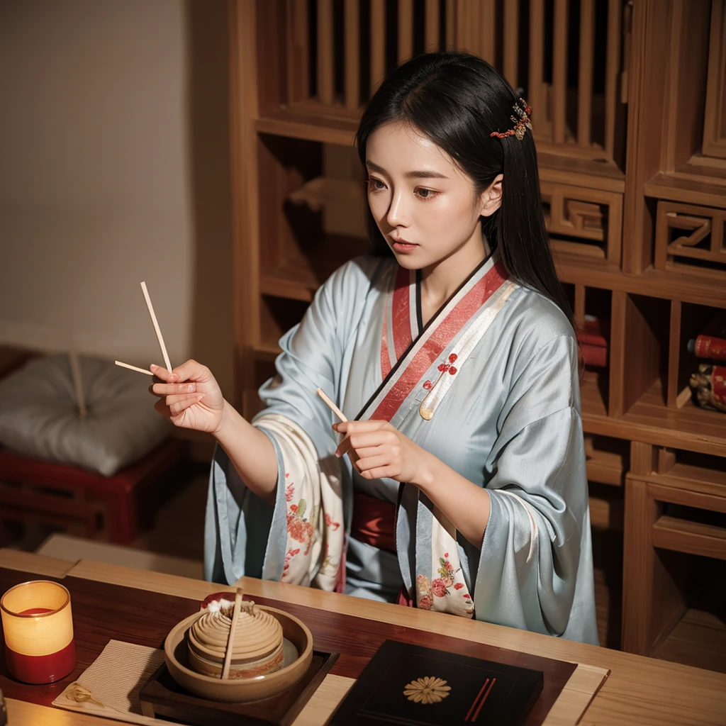 A girl in Hanfu sitting at the desk reading a book，Light an incense stick on the table next to you，Incense sticks are clearly visible，Leisure，Relax，Gray and black Chinese style study room as background