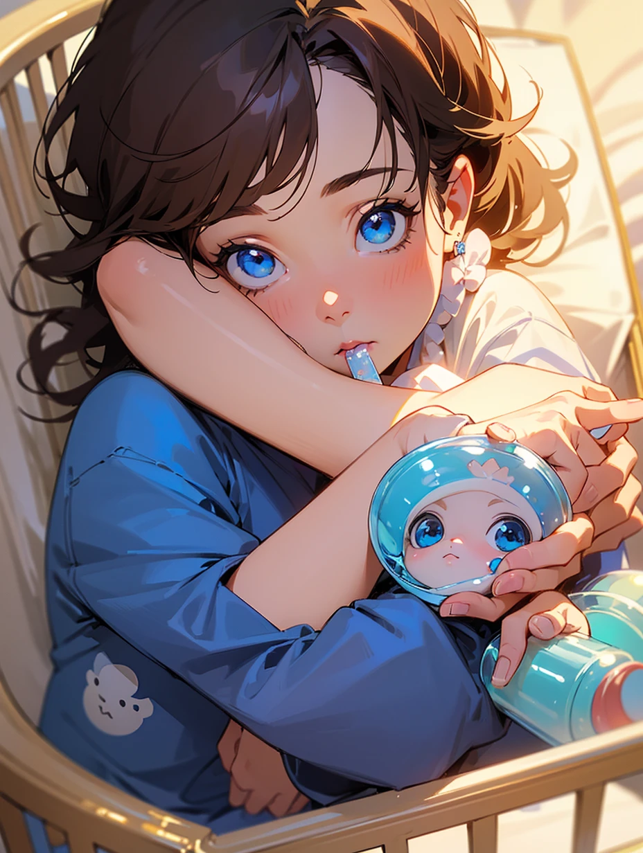 Newborn, dark brown hair, semi realistic, newborn in, baby, newborn, blue pajamas, detailed art, blue ligth eyes, in crib, drinking from a baby bottle.