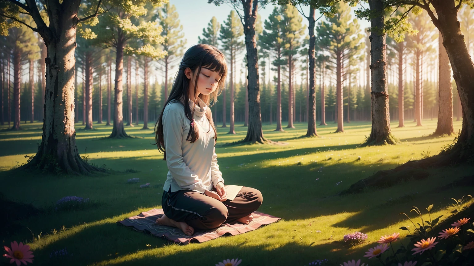 A photo of a girl meditating, surrounded by nature, like a peaceful forest or a field full of colorful flowers..
This image conveys a sense of serenity, connection with nature and an atmosphere of peace, which is consistent with the tone of the prayer.