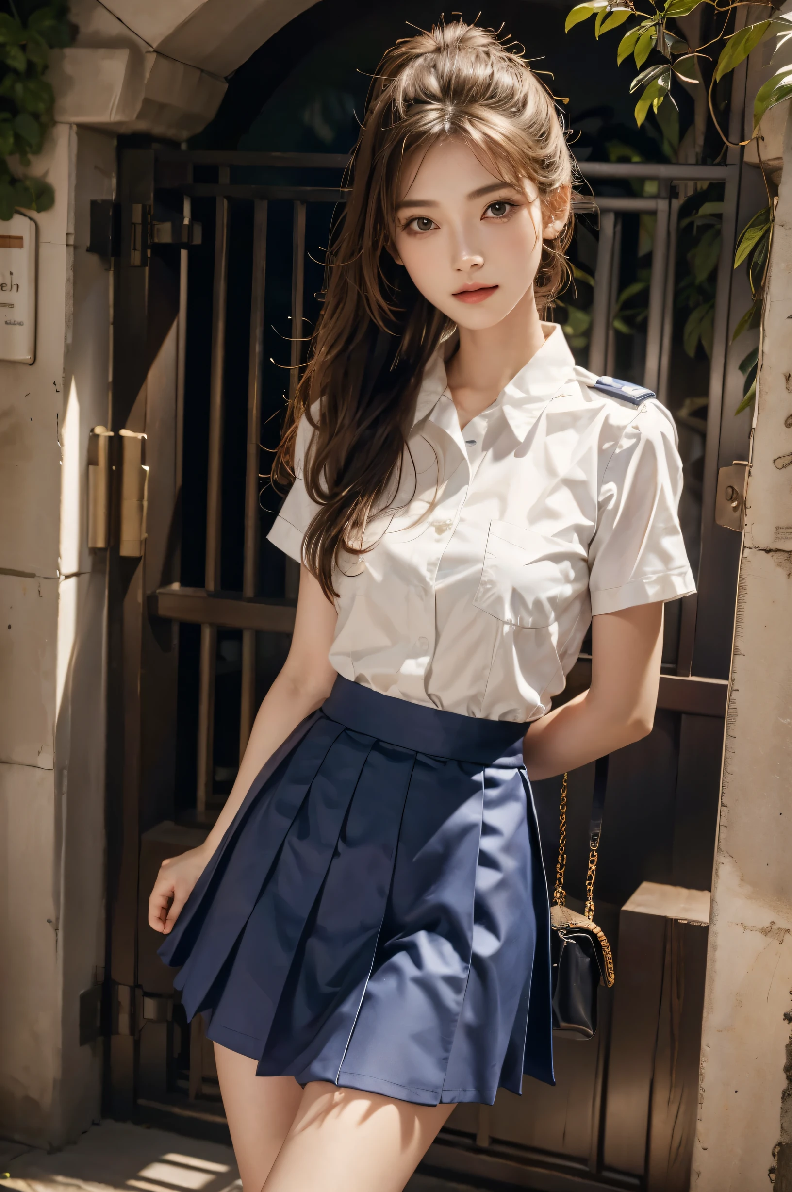(Ultra HD), (Sailor suit:1.4, White short sleeve shirt, Navy blue mini skirt), Big Breasts, slender, whole body, Standing posture, (Clean and shiny skin, Whitening, No makeup), (Super slim face, Super beautiful face), (Light Brown Ponytail, Layered Cut, Fluffy hair), (double eyelid, Slanted Eyes), Small Nose, Thin lips, Thin legs, school gate