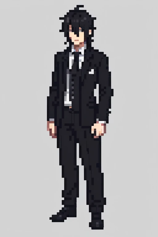 Black, messy hair
Japanese  (dark blazer, white shirt, tie, and trousers)
Tall and gentleman-like posture in pixel form, Simple, blocky design with limited color palette
Emphasis on key features like hair and uniform to make him recognizable
Gentle expression with soft, friendly eyes, Raito is depicted with a calm and composed demeanor, standing tall in his neatly worn Japanese . His black, messy hair gives him a slightly rugged yet approachable appearance. The pixel art captures his gentleman-like essence, making him a sympathetic and relatable character in the game.