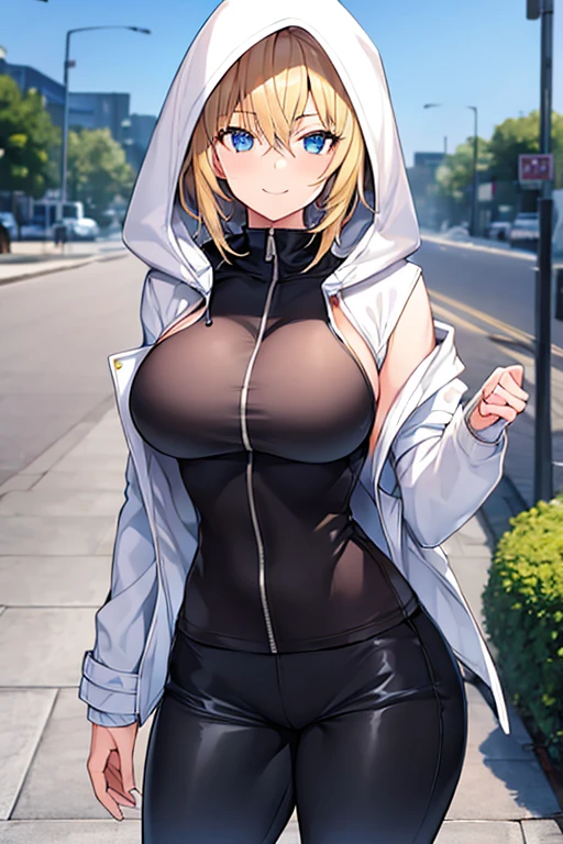 1girl, hood, jacket, hooded jacket, hood on, hood up, blonde hair, large breasts, breasts, wide hips, thick thighs, hourglass figure, white jacket, black shirt, shirt, very short hair, pants, black pants, smile, toned, toned female, urban, mature female, tall, tall female, tomboy, cropped jacket, ((cropped jacket))