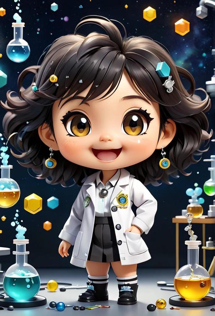 (((Chibi Baby UHD)))Chemistry remains with its original characteristics (your eyes are the color of honey ) (chibi wears 1 pearl ball earring )MASCOT and , atoms, Molecules ,Has black hair , Blind box style and model with popular market style, The sunlight shines, , hyper qualit, sharp features, Ultra HD and 8K resolution,Cool Hand Drawn Illustration,fly away (Inside out disgusting), Create a series of best quality cute chibi dolls,ultra details,realisitic,Science Laboratory,Chemical experiment,ultra HD, chemical equipment,scientists working,cups,UHD Bunsen Burner ,Microscope,laboratory glassware,measuring cylinders,labcoats,Round nerd glasses ,science books,Periodic table,scientific research,discoveries,new inventions,Innovation,aprendizagem,education,Scientific culture wears coat with details of buttons and brooches , her coat is charming and cute with ultra chemical details ,Curiosidade,Technological advancements,swirly vibrant colors,soft lighting,modern laboratory,nerdy atmosphere,laboratory instruments,hypothesis testing,Scientific method,symbolic representation,Critical thinking,Experiments ,Precision,Precision,details Intricate,impressive scientific setup,natural elements,exploration of the mysteries of science,unlocking the secrets of nature. Baby chibi is happy and excited, remember to use chemical laboratory glassware, The blackboard behind the cute chibi baby is written the structure of caffeine in white chalk 18K UHDBlack hair, pretty long hair, American propaganda poster, shine light, 3D rendering, laughter,