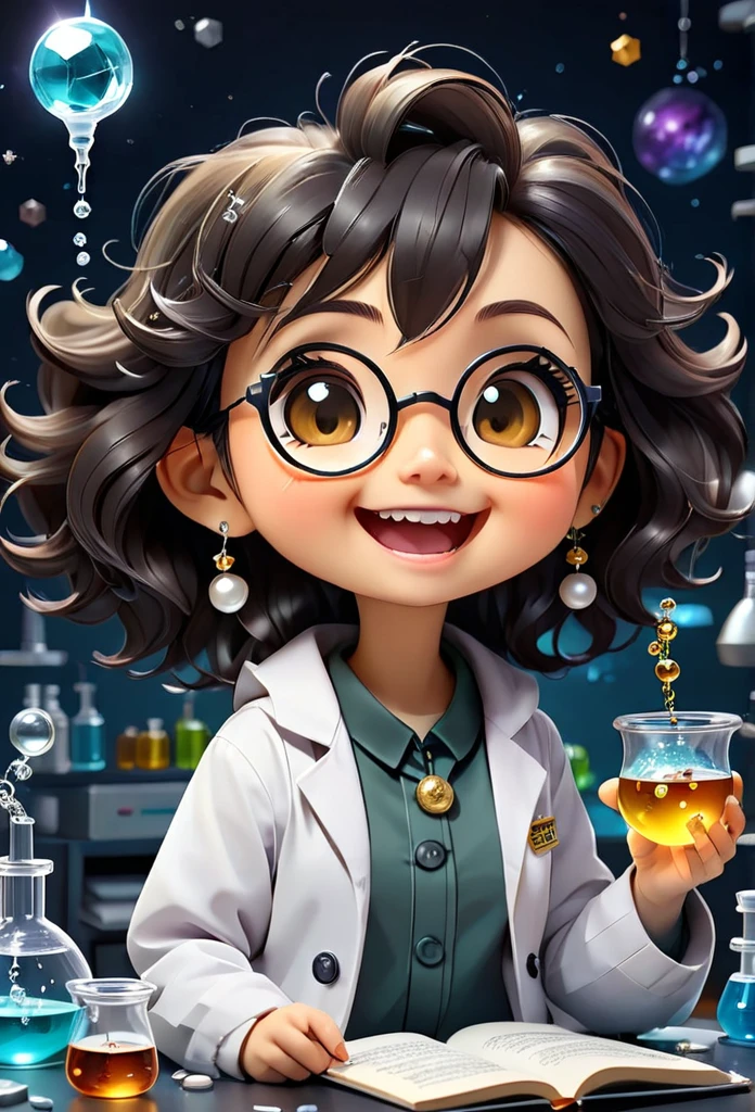 (((Chibi Baby UHD)))Chemistry remains with its original characteristics (your eyes are the color of honey ) (chibi wears 1 pearl ball earring )MASCOT and , atoms, Molecules ,Has black hair , Blind box style and model with popular market style, The sunlight shines, , hyper qualit, sharp features, Ultra HD and 8K resolution,Cool Hand Drawn Illustration，fly away (Inside out disgusting), Create a series of best quality cute chibi dolls,ultra details,realisitic,Science Laboratory,Chemical experiment,ultra HD, chemical equipment,scientists working,cups,UHD Bunsen Burner ,Microscope,laboratory glassware,measuring cylinders,labcoats,Round nerd glasses ,science books,Periodic table,scientific research,discoveries,new inventions,Innovation,aprendizagem,education,Scientific culture wears coat with details of buttons and brooches , her coat is charming and cute with ultra chemical details ,Curiosidade,Technological advancements,swirly vibrant colors,soft lighting,modern laboratory,nerdy atmosphere,laboratory instruments,hypothesis testing,Scientific method,symbolic representation,Critical thinking,Experiments ,Precision,Precision,details Intricate,impressive scientific setup,natural elements,exploration of the mysteries of science,unlocking the secrets of nature. Baby chibi is happy and excited, remember to use chemical laboratory glassware, The blackboard behind the cute chibi baby is written the structure of caffeine in white chalk 18K UHDBlack hair, pretty long hair, American propaganda poster, shine light, 3D rendering, laughter, 