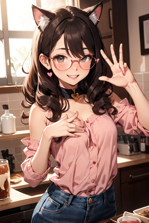 young woman, アニメ, very curly hair, curls, curls, dark brown hair, long hair, hair flying, Caucasian skin, brown dark eyes, Cat's ears, cat syrup, round golden glasses, little pink blouse, jeans, cheerful grin, pinky skin, blush cheeks, making sexy heart sign, nudes