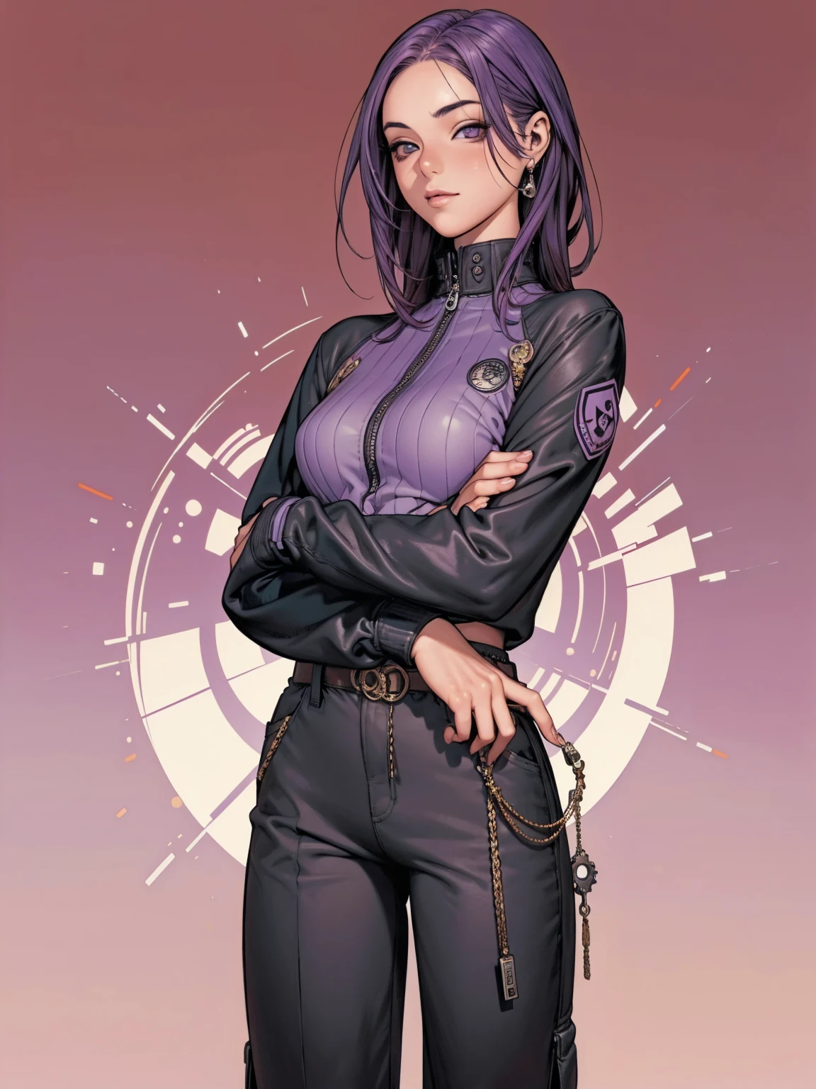 (best qualityer))), (((manga strokes))), (((violet hair with light highlights))), (((pantaloon pants))), uma Kizi jovem muito bem vestida com roupas modernas de inverno, top gift vertical stripes, short jacket with dark fur collar, beautiful and expressive face, slightly-smile, big eyes with long black eyelashes, heavy make-up, chains and zippers spread across clothes, contrasting colours, pose de atitude, hair with a modern and futuristic cut, urban game poster art, dramatic camera angles, graffiti art elements in the background, design mixing contemporary and retro by Shepard Fairey, (((cowboy shot))), (((best qualityer: 1.4))), (Unbeatable masterpiece), (hiper HD),(CG 8k hyper-realistic), Kizi, (((standing alone))), pirralha violent, (((14歳))), sexly, pose de atitude, work of art, post-apocalypse, (((manga style))), bounty hunter, violent, Manic, the way you want, slenderbody, thin but strong, perfectbody, roupa moderna, advanced technology, neon, sleeves with vertical striped pattern, neutral background, (( cowboy shot )). intricate visual