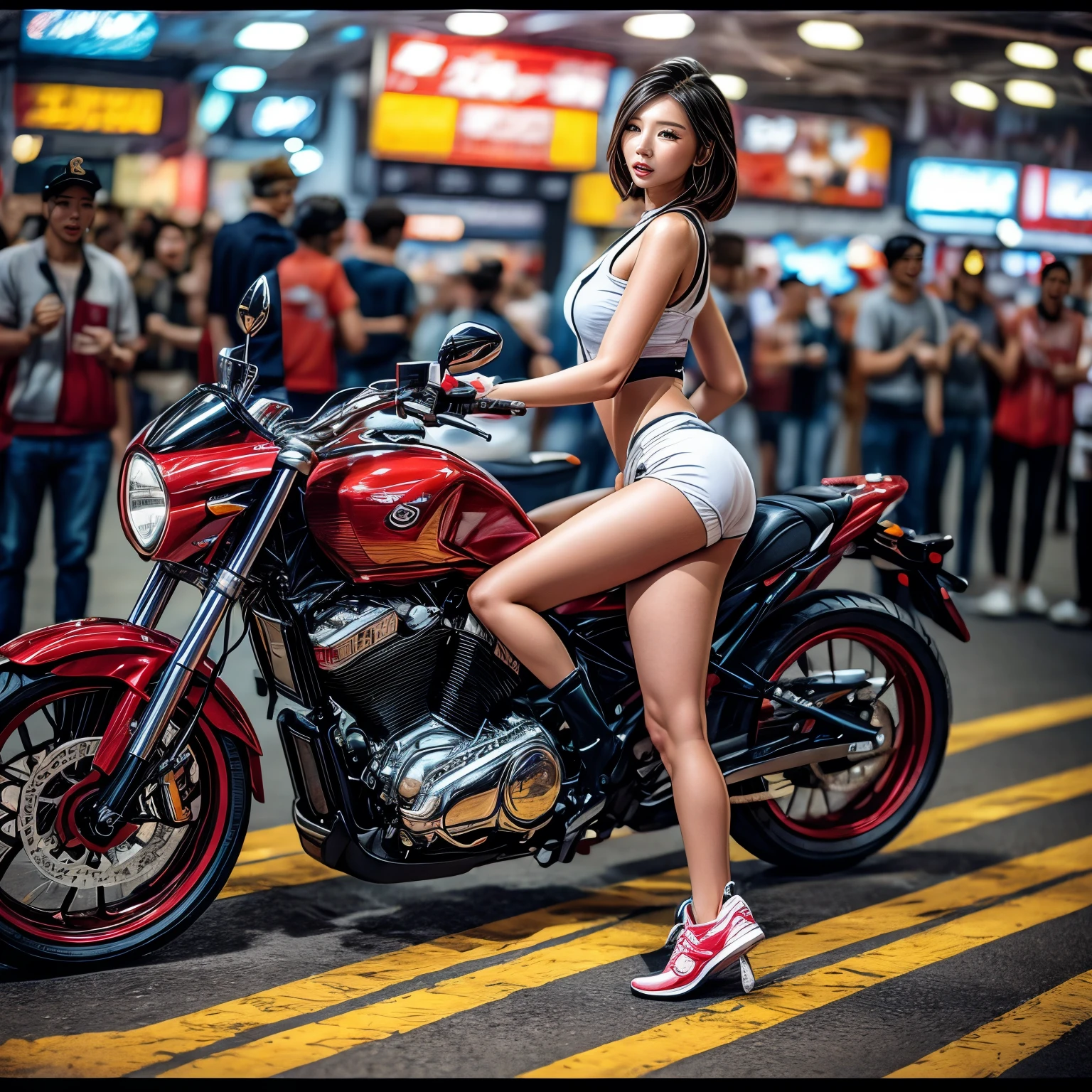 (ExtremelyDetailed((Song Joo A))) clearly visible the shape of Butt, Radiant Ivory Skin with Transparency, motor cycle event girls in sexy costume, Detailed Clothing texture, Full of (motor cycle) . (Full body shot:1.2),Ultra-detailed,grand scale,epic,zoomed out,wide angle. (ExtremelyDetailed Beautiful face) Dynamic Joyful Expressions LifeLike Rendering. (Exposed:0.59) PerfectLighting (TopQuality 8K(masterpiece(ProfessionalPhoto:1.37)))