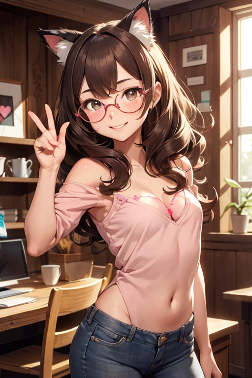 Highest quality, masterpiece, High resolution, (alone),  {full moon_Fleet Collection:1.15}, Long Hair, Brown Hair, Glasses, brown_eye, red-framed_Glasses, semi-rimless_Glasses, Crescent Moon, black_Seraphim, blush, Under Rim_Glasses, One girl, Closed_eye, Open_mouth, School_uniform, (indoor, office, living room), , blackスカート, smile, (Petite),((nsfw)), Flat Chest, (panties), (Junior Bra), Sports bra, (White underwear), From behind