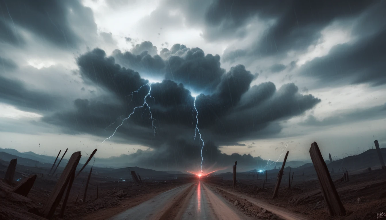cartoon, world system, catastrophic events about the world, (desolate setting:1.14)), cartoon style movie, cartoon, by Ron Walotsky, cartoon of the 90s, strong shadows, sky with dark clouds and war scenery, lightning and thunder, fire, dirt road at dusk, gradient sky, grotesque, dark, scary, dark fantasy, mysterious atmosphere. --s2