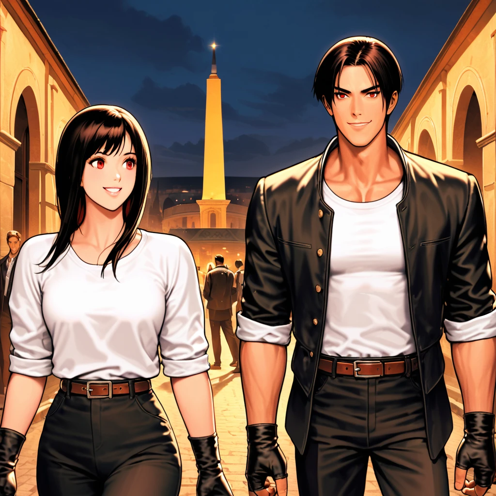 Orochikyo, dark skin, two people, two shot, red eyes, black jacket (rolled up arms), fingerless gloves, black hair, white t-shirt, ((white bowl)), black pants, white shoes, brown belt, handsome, shot, charming, masterpiece, high resolution, fine face, fine grain, night, happy laughing man and woman, French pantheon in background, confident smiling man and woman, haircut and clothing same for both men and women, high-fiving
