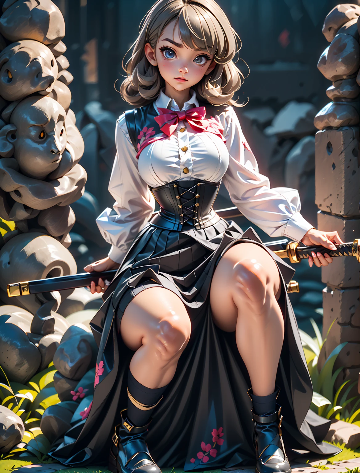 RAW Photos, Highest quality, High resolution, Realistic, One girl、Young Japanese Girl, 17 years old, Full body portrait, Expressionless, poker face, Stone Face, model, Big Breasts, short hair, Wavy Hair, Curly Hair, Gray Hair, Silver Hair, Light brown hair, Hollow Eyes, Hollow Eyes, ((Thin thighs)), Diagonal bangs, Cute Face, Shiny skin, Beautiful body, Beautiful Skin, concentrate , Naked from below, (school uniform, Lead Bow Tie, Black apron dress, Highly detailed corset, Gothic, Frill dress, Beautiful embroidery, (Long skirt:1.2):1.4),  (Skirt flip:1.5),  (Squat、One knee:1.5)、(Spread your legs:1.5)、Sword Drawing Technique, Battoujutsu