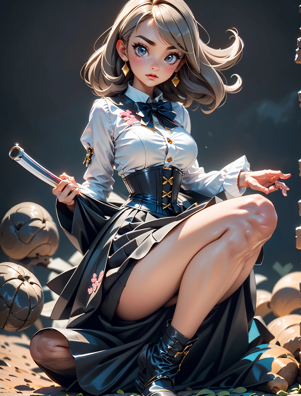 RAW Photos, Highest quality, High resolution, Realistic, One girl、Young Japanese Girl, 17 years old, Full body portrait, Expressionless, poker face, Stone Face, model, Big Breasts, short hair, Wavy Hair, Curly Hair, Gray Hair, Silver Hair, Light brown hair, Hollow Eyes, Hollow Eyes, ((Thin thighs)), Diagonal bangs, Cute Face, Shiny skin, Beautiful body, Beautiful Skin, concentrate , Naked from below, (school uniform, Lead Bow Tie, Black apron dress, Highly detailed corset, Gothic, Frill dress, Beautiful embroidery, (Long skirt:1.2):1.4),  (Skirt flip:1.5),  (Squat、One knee:1.5)、(Spread your legs:1.5)、Sword Drawing Technique, Battoujutsu