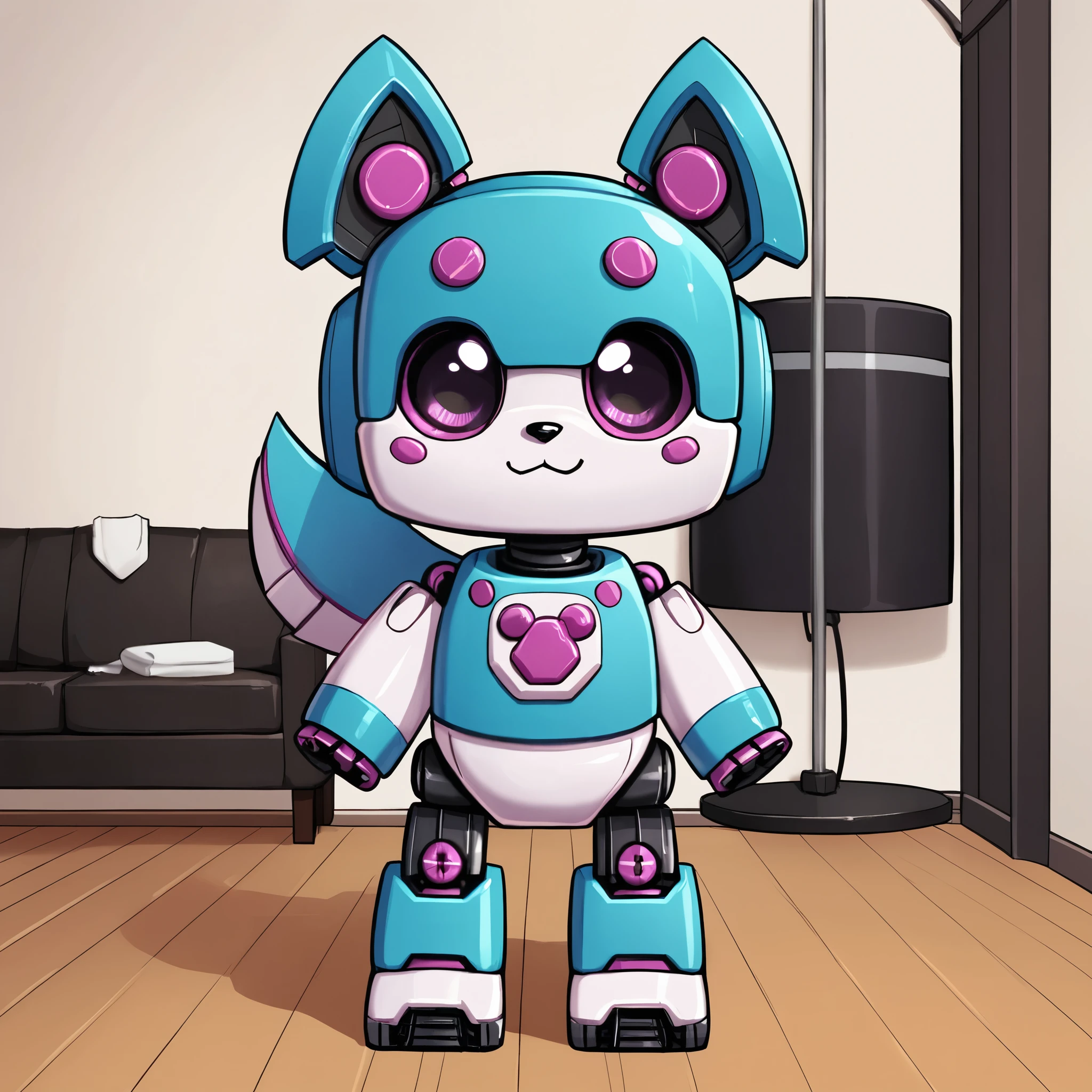 cute dogs, robots, whole body, standing in a room, purple and white color, White background