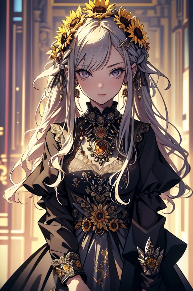 ( Absurdly , high quality , Super detailed ) ,( Handcrafted details ) , One girl, alone, mature, Very long hair, Sunflower Hair , Beautiful crystal eyes ( Eye details ) Baroque, necklace, Long dress, Long sleeve, elegant, colorful, Most detailed, Upper Body , With the river and sunflowers