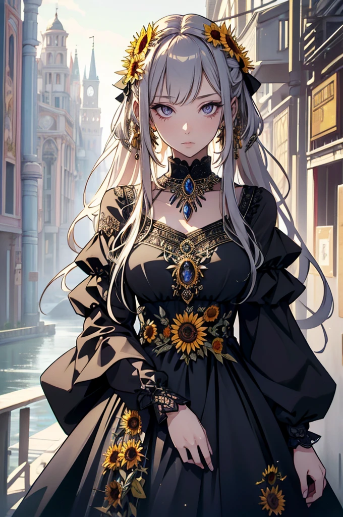 ( Absurdly , high quality , Super detailed ) ,( Handcrafted details ) , One girl, alone, mature, Very long hair, Sunflower Hair , Beautiful crystal eyes ( Eye details ) Baroque, necklace, Long dress, Long sleeve, elegant, colorful, Most detailed, Upper Body , With the river and sunflowers