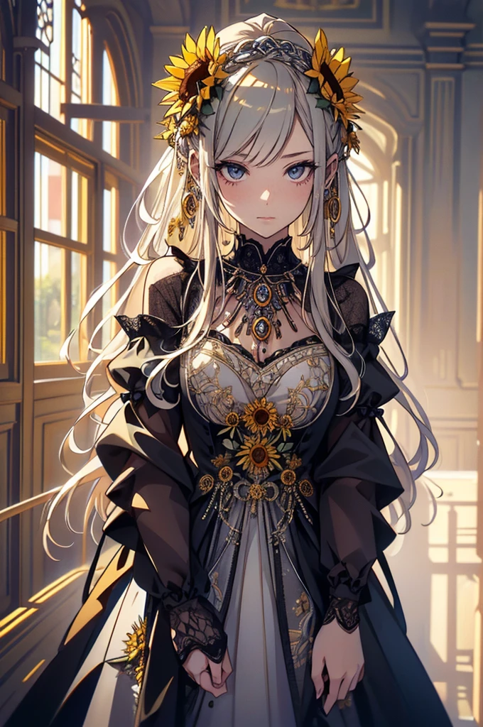 ( Absurdly , high quality , Super detailed ) ,( Handcrafted details ) , One girl, alone, mature, Very long hair, Sunflower Hair , Beautiful crystal eyes ( Eye details ) Baroque, necklace, Long dress, Long sleeve, elegant, colorful, Most detailed, Upper Body , With the river and sunflowers