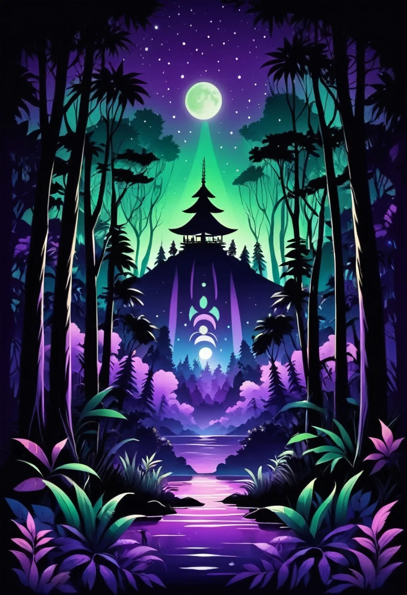 make a tribal print for a shirt on the back using purple colors, White green , Theme is the forest at night in the Amazon