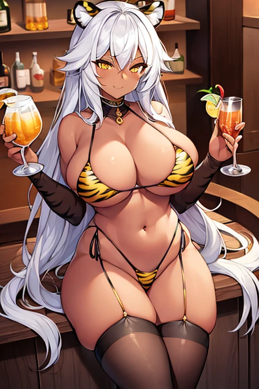 1girl, large breasts, wide hips, thick thighs, dark-skinned female, dark skin, white hair, yellow eyes, tiger print, tiger ears, highleg, highleg bikini, micro bikini, tiger tail, smile, smirk, smug, bar, cocktail glass, thighhighs, white tiger, white tiger print