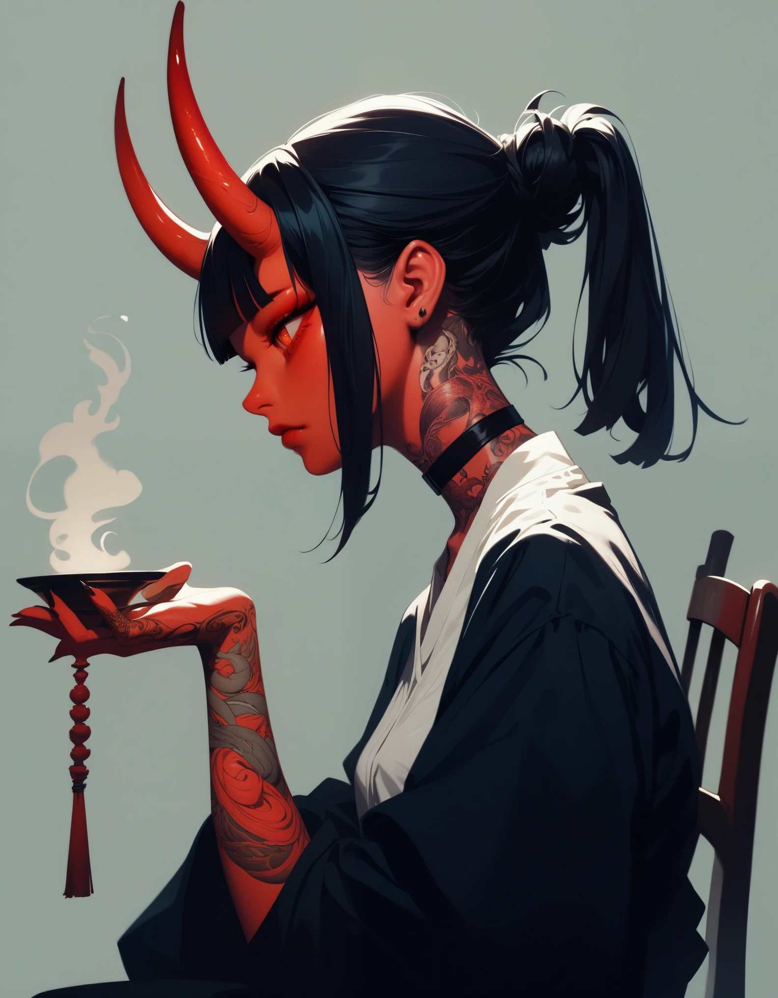 (score_9, score_8_up, score_7_up), zPDXL, 1 girl, alone, profile, pensive look, simple background, dark room, sitting on chair, snake eyes, upper body, tied hair, black hair, simple clothes, horns, white shirt, holding incense in hand, tattoos, incense releasing smoke, black choker, background of a room, red oni horns, face resting on hand, black kimono, blunt bangs, dark aura, tattoos all over body, side view