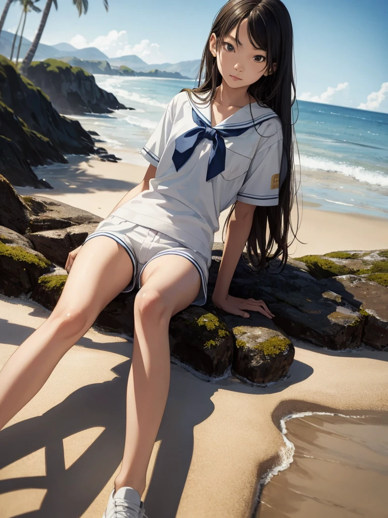 of a real，Best quality，1girll，middlebreast，long leges，plumw，a sailor suit，Lying on the beach，Excitation