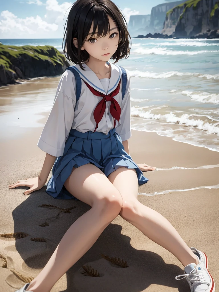 1girl, hentai, 2.5D, Yuffie, yuffie_kisaragi, detailed face, beautiful face, detailed hair, good anatomy, black short bobcut hair, sailor uniform, serafuku:1.34, wearing navy buruma:1.31, front light, sunshine, strong shadow, naughty smile, lying:1.36, ((spreading legs:1.29)), (spreading crotch by self), ((hands on crotch:1.23)), woman feet apart, outdoor, best quality, masterpiece, ultra detailed, LOOSE SOCKS, squirting