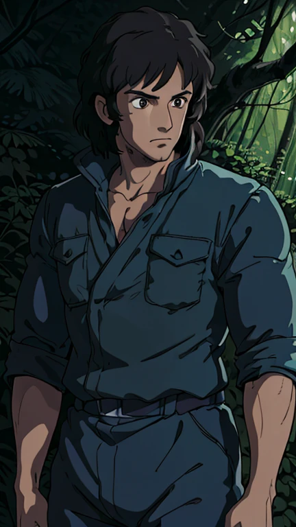 (a man as r2mb0f), (extremely detailed CG unit 8k wallpaper),(master part), (best quality), (ultra detail), (best illustration),(ghibli style), cowboy shot,(Sharp eyeliner, ombre, detailed eyes:1),Dark forest background,break,upper body,short hair,black hair