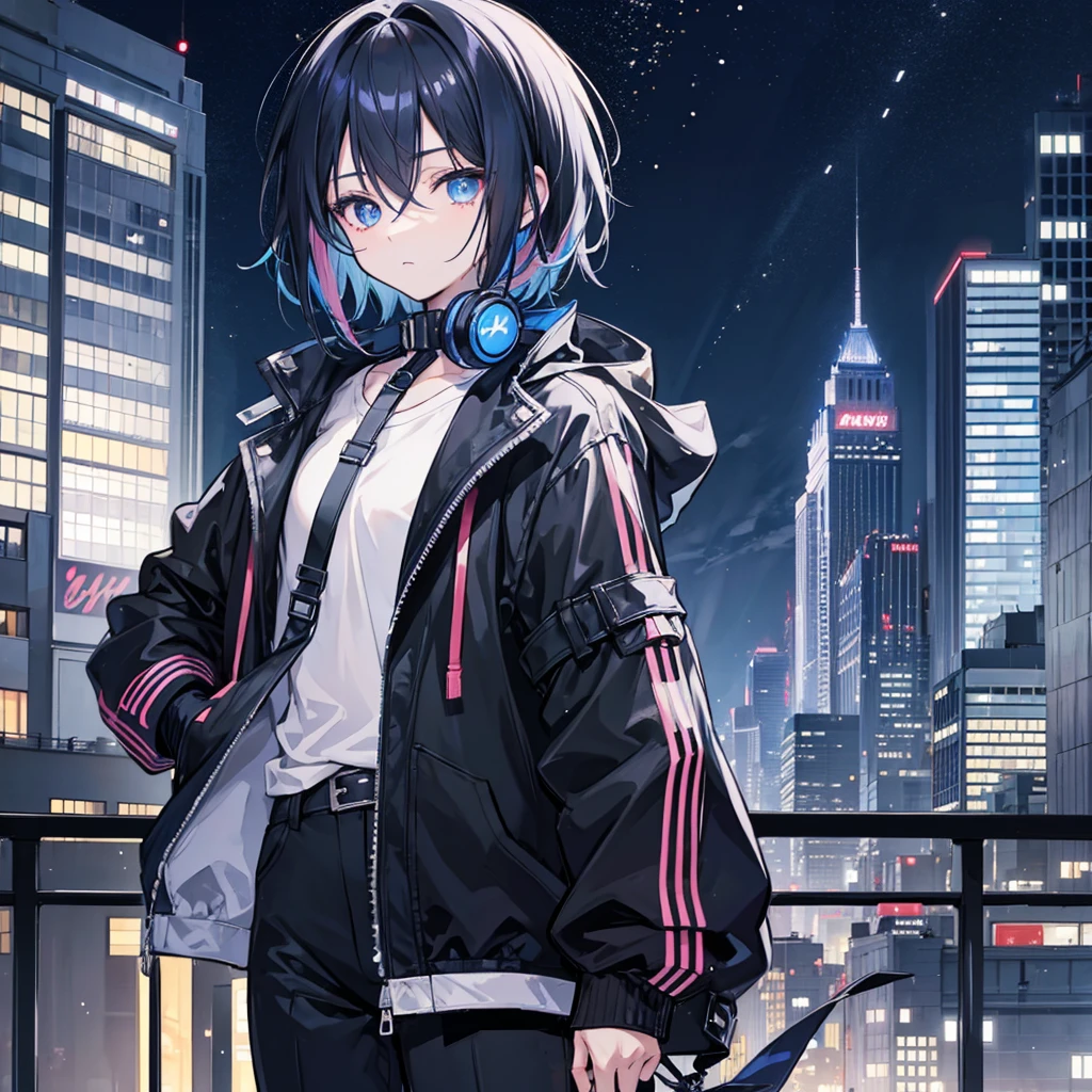 Let it be an anime girl, that he has short hair and that his hair is black with a little blue streak on the side that his eyes are blue and that he appears with a jacket and with black headphones around his neck in a city with many buildings at night