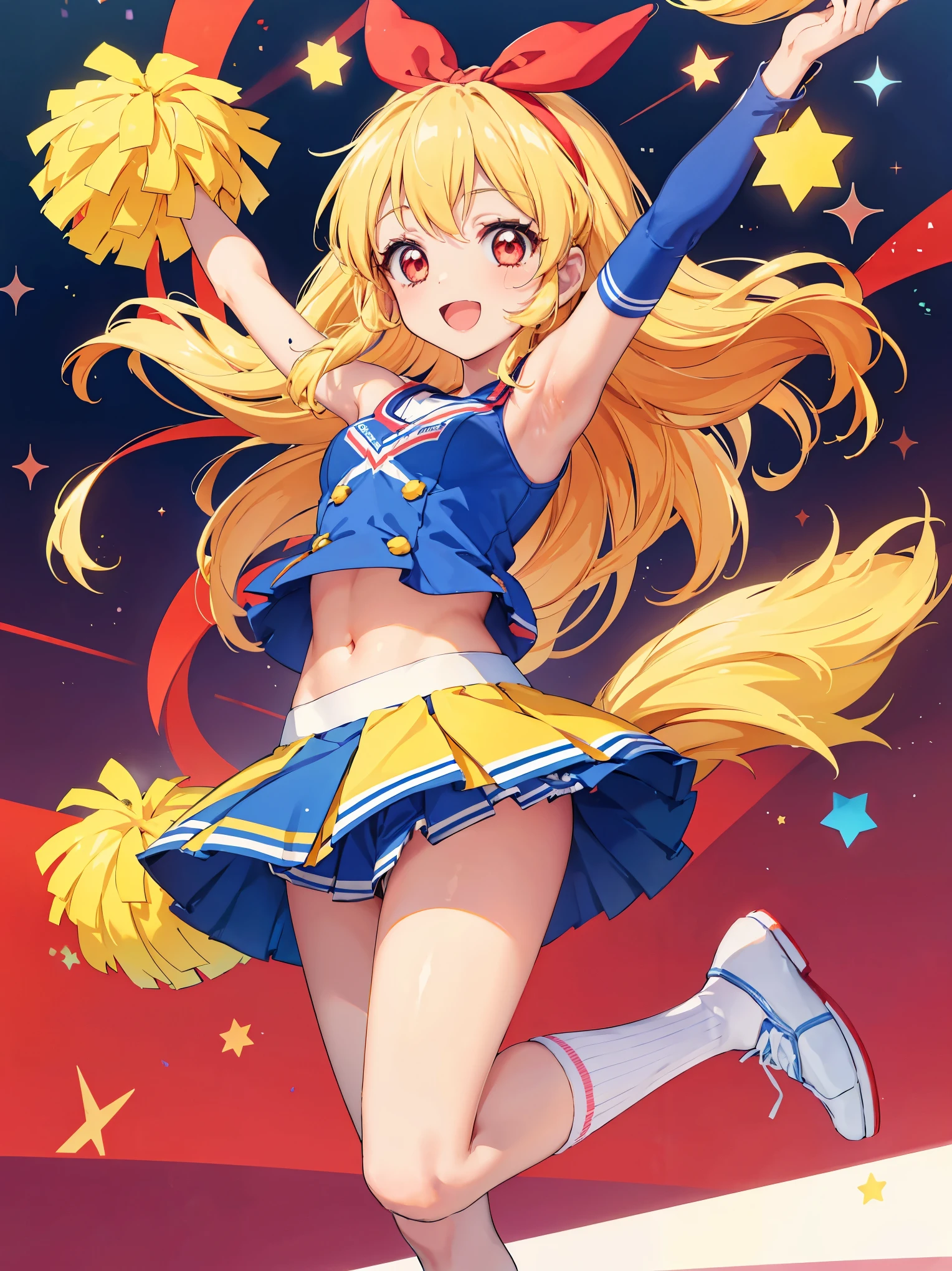 a woman jumping and holding a pair of cheerleading shoes in the air, 1girl, blonde hair, solo, panties, hoshimiya ichigo, underwear, long hair, cheerleader, bow, white panties, open mouth, red eyes, kicking, smile, pom pom (cheerleading), skirt, socks, white background,Ichigo Hoshimiya (Aikatsu!),red star pattern cheer girl