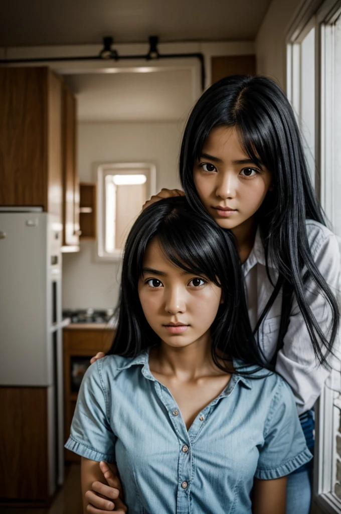Create a creepy anime image of a mother with her daughter having a evil smile on her face in a horror room