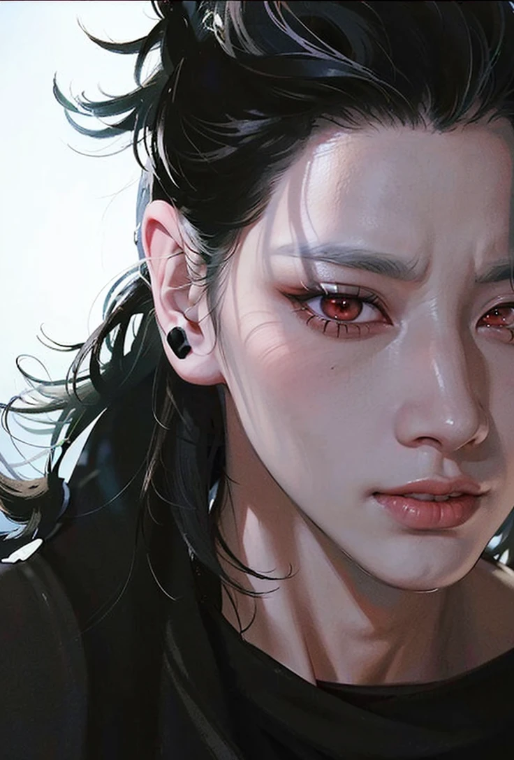 ((4K works))、​masterpiece、（top-quality)、((high-level image quality))、((One Beautiful Fallen Angel Man))、((King of Fallen Angels))、Slim body、((Vampire Black Y-Shirt Fashion))、(Detailed beautiful eyes)、((Fantastic English corridor))、Corridors in an evil English castle、((Face similar to Chaewon in Ruseraphim))、((Fallen Angel Longhair))、(((bright silver hair)))、((Smaller face))、((Neutral face))、((Evil face))、((Red Eyes))、((Korean Male))、((50 years old))、((wild boy))、((Evil look))、((angry expressions))、((Show your teeth and smile))、((Korean makeup with black eyeshadow))、((elongated and sharp eyes))、((Shot alone))、((Fallen angels))、Photos of fallen angels、Villain、Dark Proof、((Shot from diagonally in front))、((He is walking in front of the viewer))