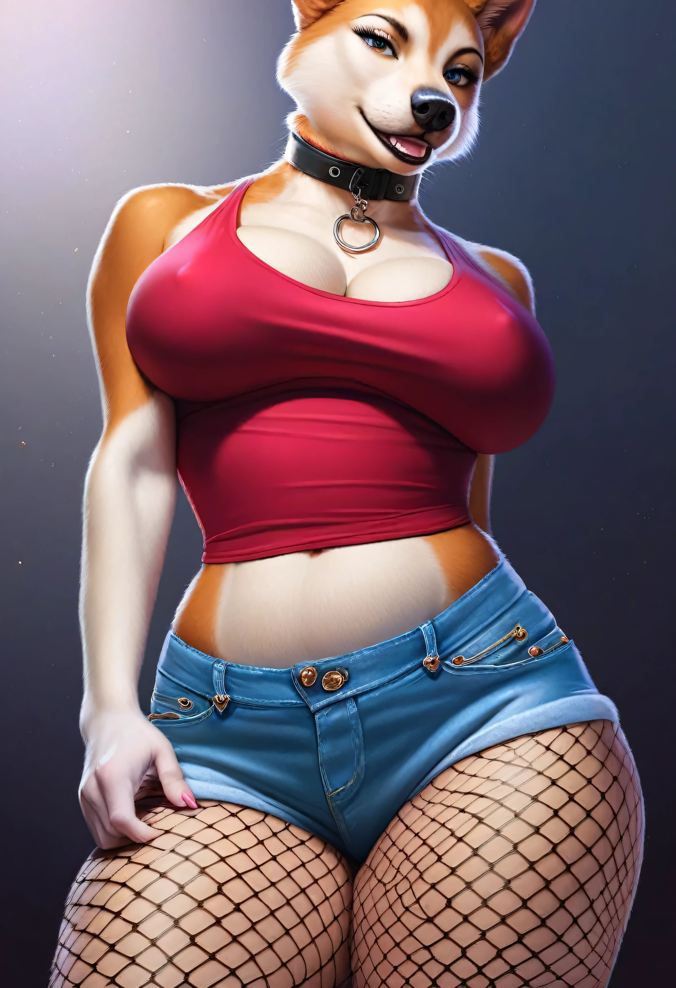 score_9, score_8_up, score_7_up, score_6_up, score_5_up, score_4_up, source_furry, realistic, photorealistic, e621, mature female anthro husky dog, MILF, sexy pose, POV, seductive smile, beautiful detailed eyes, (wearing a collar, deep cleavage tanktop, denim bootyshorts and fishnet stockings), nipple outline, detailed fur, voluptuous, hourglass figure, large breasts, thick thighs, cinematic lighting, professional lighting