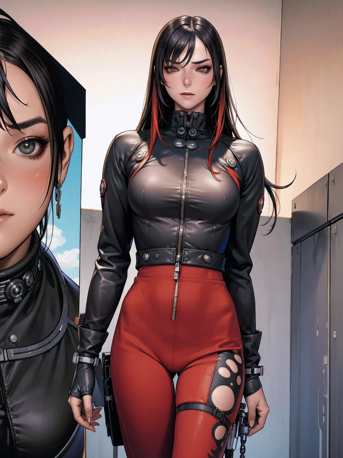 (best qualityer))), (((manga strokes))), (((black bob hair with straight bangs and red highlights))), (((baggy pants with bone print))), uma Kizi jovem muito bem vestida com roupas modernas de inverno, pants with military camouflage pattern, top gift vertical stripes, short jacket with dark fur collar, beautiful and expressive face, slightly-smile, big eyes with long black eyelashes, heavy make-up, chains and zippers spread across clothes, contrasting colours, pose de atitude, hair with a modern and futuristic cut, urban game poster art, dramatic camera angles, graffiti art elements in the background, design mixing contemporary and retro by Shepard Fairey, (((cowboy shot))), (((best qualityer: 1.4))), (Unbeatable masterpiece), (hiper HD),(CG 8k hyper-realistic), Kizi, (((standing alone))), pirralha violent, ((())), sexly, pose de atitude, work of art, post-apocalypse, (((manga style))), bounty hunter, violent, Manic, the way you want, slenderbody, thin but strong, perfectbody, roupa moderna, advanced technology, neon, sleeves with vertical striped pattern, neutral background, (( cowboy shot )). intricate visual