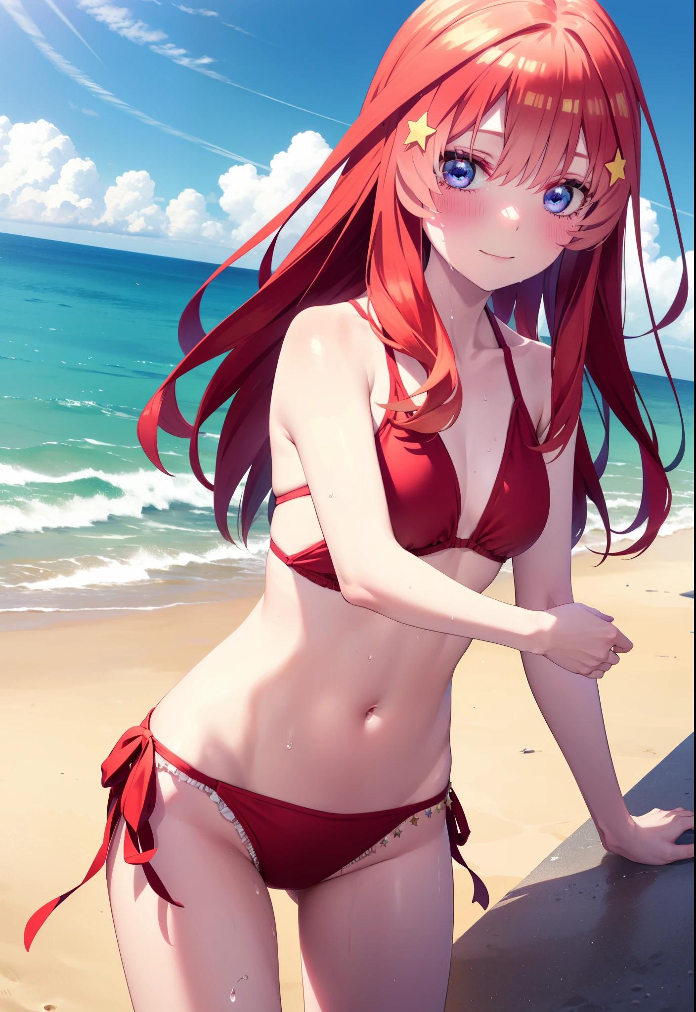 itsukinakano, Itsuki Nakano, bangs, blue eyes, Long Hair,Hair between the eyes, Ahoge, Redhead, star \(symbol\), hair ornaments, star hair ornaments,Red bikini string swimsuit,barefoot,Wet Hair,Wet Hair,Wet Skin,smile,blush,True Summer,Clear skies,ひる
break outdoors,Beach,
break looking at viewer,whole body , (Cowboy Shot:1. 5),
break (masterpiece:1.2), Highest quality, High resolution, unity 8k wallpaper, (shape:0.8), (Beautiful attention to detail:1.6), Highly detailed face, Perfect lighting, Extremely detailed CG, (Perfect hands, Perfect Anatomy),