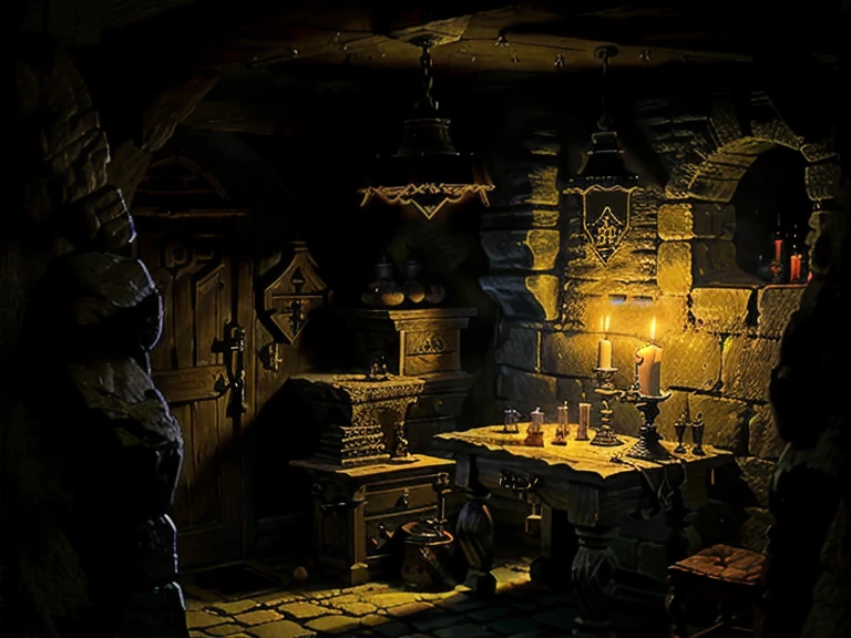 dungeon, small dark underground room, stone walls with torches, monsters lair, old small table with a candle, Wooden door, broken stools, sword, shield, hull, wooden chest, treasure.