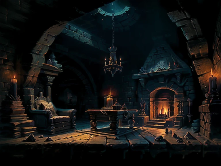 dungeon, small dark underground room, stone walls with torches, monsters lair, old small table with a candle, Wooden door, broken stools, sword, shield, hull, wooden chest, treasure.