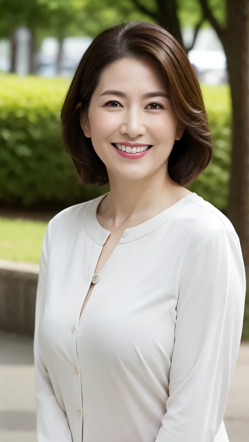 Standing in the park, Wrinkles around the eyes, Smiling with teeth showing, Plain short-sleeved clothing, senior citizen, Draw lips correctly, Red lipstick, No discomfort, 16K, Highest quality, Very detailed, Realistic, Very detailed肌, (Japanese), (alone), 60 years old, Large Breasts, , Glamour, sexy, Chromo White Skin, Staring straight ahead,