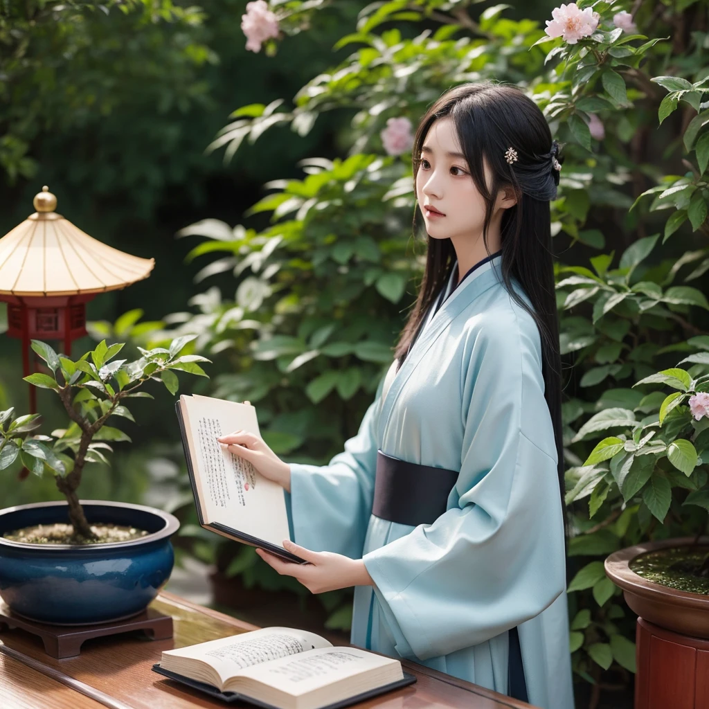 一位穿着Hanfu的女士坐在桌边，There is a book and a small bonsai in front of me., Detailed illustration inspired by Domoto Insho, Unsplash, Cloisonnism, fragrant, 点燃的fragrant, In line with Chinese aesthetics, qiangshu, shui mo hua, traditional Chinese, Wang Chen, fragrant smoke fills the air, Taoism, Chinese, Hanfu, Chinese书房