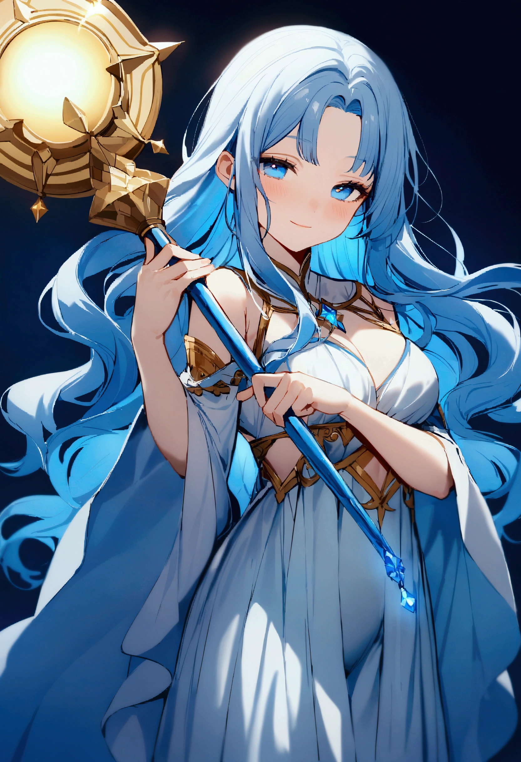 Nsfw The water saint mage is a young woman with long, wavy light blue hair, which falls gently over her shoulders. His eyes are a deep navy blue, with flashes of silver light. She wears a white and light blue dress, with lace details and jewels that shine with a soft bluish glow. In one hand he holds a crystal scepter that emits a soft glow of blue light, and in the other hand he holds a small bottle of water that appears to contain the reflection of a clear sky. His expression is serene and peaceful, with a soft smile that inspires calm and protection.