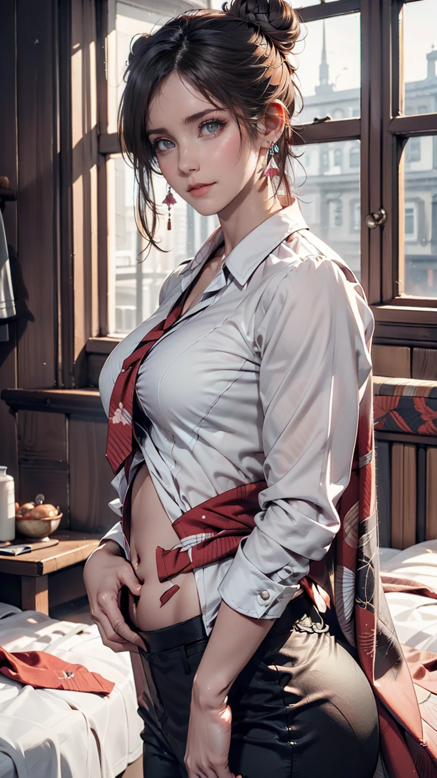 kimono, heart, (8k, RAW Photos, Highest quality, masterpiece: 1.2), (Realistic: 1.6), (masterpiece), (Highest quality: 1.0), (Ultra-high resolution: 1.0), detailed, 20th Generation, One, detailed beautiful skin, detailed room, ,Realistic skin、24-year-old female、Silver Hair、Her body-hugging clothes:1.3、Earrings((earrings))、Three-ply chignon((triple bun))、tie-up・shirt(tie up shirt)、I can see my belly button、Low rise leggings、Stiletto heels