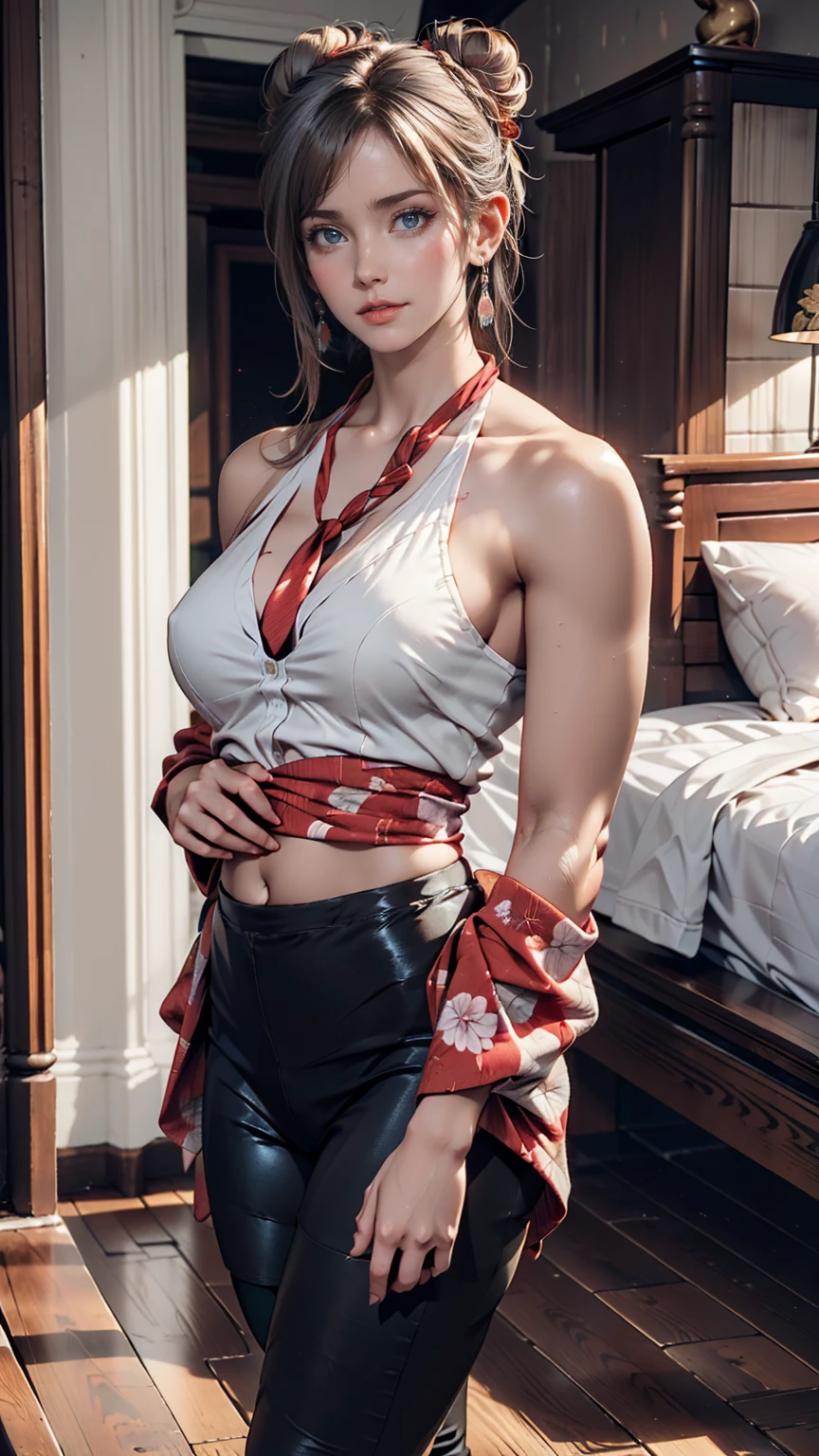 kimono, heart, (8k, RAW Photos, Highest quality, masterpiece: 1.2), (Realistic: 1.6), (masterpiece), (Highest quality: 1.0), (Ultra-high resolution: 1.0), detailed, 20th Generation, One, detailed beautiful skin, detailed room, ,Realistic skin、24-year-old female、Silver Hair、Her body-hugging clothes:1.3、Earrings((earrings))、Three-ply chignon((triple bun))、tie-up・shirt(tie up shirt)、I can see my belly button、Low rise leggings、Stiletto heels