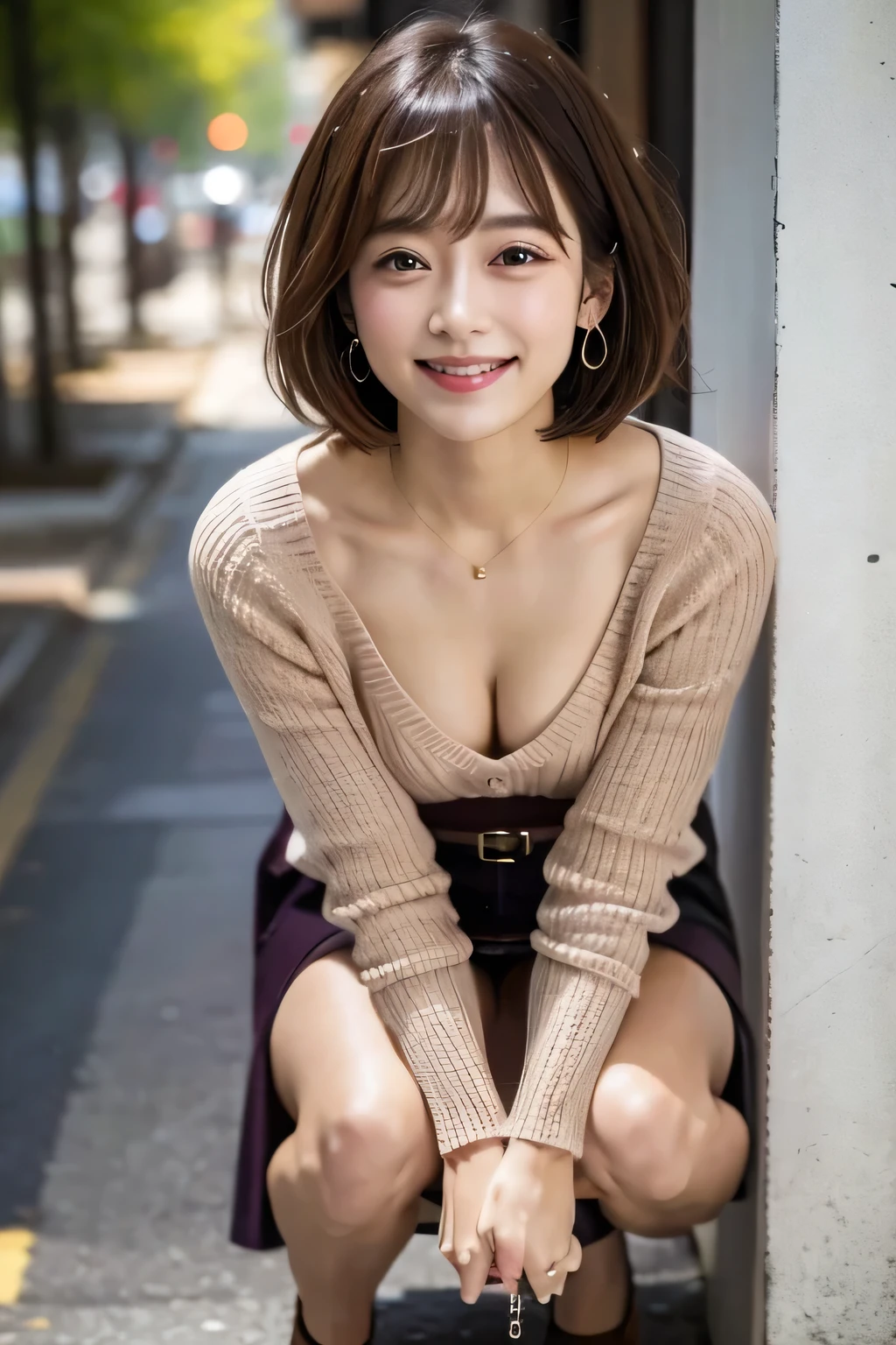 light brown hair, swept bangs, medium hair, heart earrings, light smile, depth of field, cinematic lighting, uhd, anatomically correct, best quality, high details, 8k、One Japanese woman、30 years old、Short Bob Cut Hair、Crouching down, he looks at me.、(Full body photo:1.4)、Small shapely breasts、background:Alley、Focused eyes、Detailed eyes、Detailed face、V-neck summer sweater、Dark khaki long skirt、belt、Strap Pin Heel、、Symmetrical eyes、Shiny reddish purple lipedically accurate hand、Medically Accurate Feet、