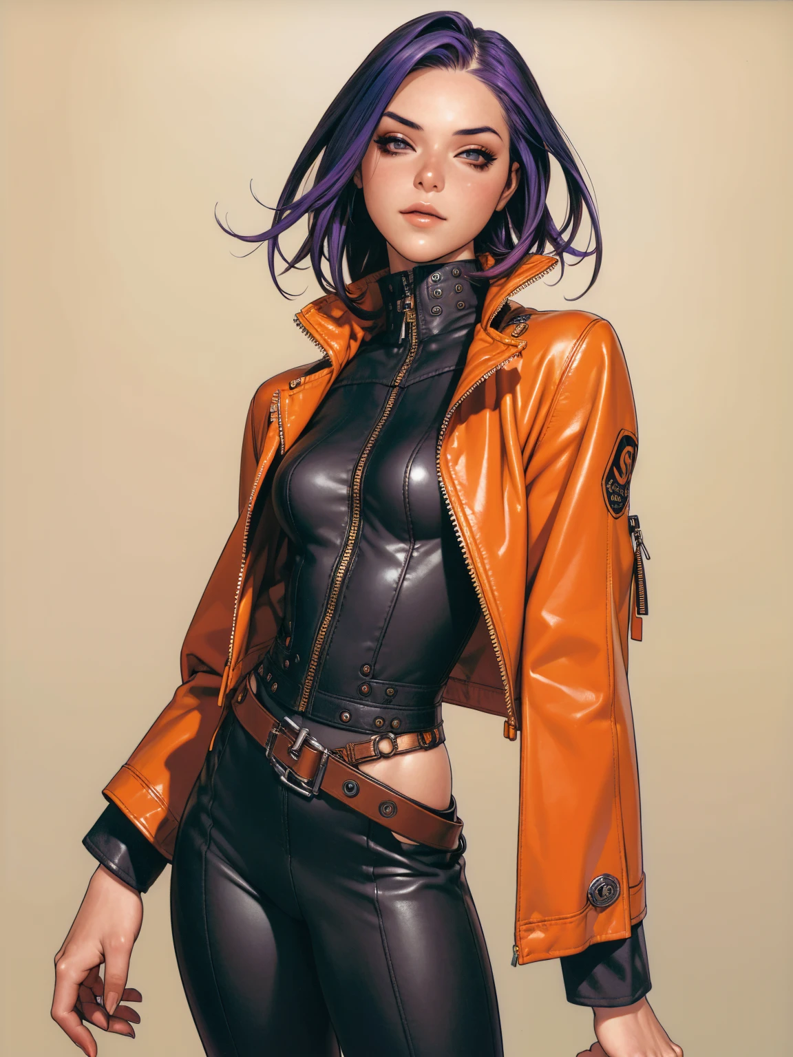 (((best qualityer))), (((manga strokes))), (((colorful punk hair))), jacket with rivets and screws, uma Kizi jovem muito bem vestida com roupas modernas de inverno, pants with red and black zig-zag pattern, top gift vertical stripes, short jacket with dark fur collar, beautiful and expressive face, slightly-smile, big eyes with long black eyelashes, heavy make-up, chains and zippers spread across clothes, contrasting colours, pose de atitude, hair with a modern and futuristic cut, urban game poster art, dramatic camera angles, graffiti art elements in the background, design mixing contemporary and retro by Shepard Fairey, (((cowboy shot))), (((best qualityer: 1.4))), (Unbeatable masterpiece), (hiper HD),(CG 8k hyper-realistic), Kizi, (((standing alone))), pirralha violent, (((14歳))), sexly, pose de atitude, work of art, post-apocalypse, (((manga style))), bounty hunter, violent, Manic, the way you want, slenderbody, thin but strong, perfectbody, roupa moderna, advanced technology, neon, sleeves with vertical striped pattern, neutral background, (( cowboy shot )). intricate visual