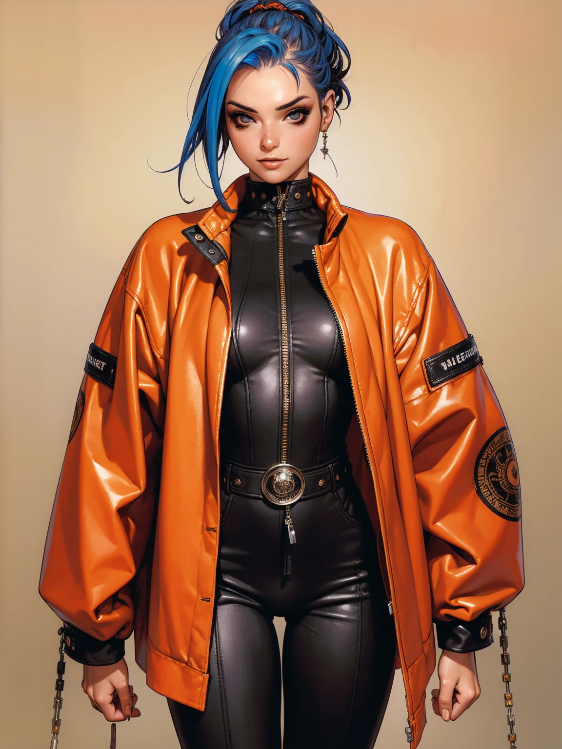 (((best qualityer))), (((manga strokes))), (((colorful punk hair))), jacket with rivets and screws, uma Kizi jovem muito bem vestida com roupas modernas de inverno, pants with red and black zig-zag pattern, top gift vertical stripes, short jacket with dark fur collar, beautiful and expressive face, slightly-smile, big eyes with long black eyelashes, heavy make-up, chains and zippers spread across clothes, contrasting colours, pose de atitude, hair with a modern and futuristic cut, urban game poster art, dramatic camera angles, graffiti art elements in the background, design mixing contemporary and retro by Shepard Fairey, (((cowboy shot))), (((best qualityer: 1.4))), (Unbeatable masterpiece), (hiper HD),(CG 8k hyper-realistic), Kizi, (((standing alone))), pirralha violent, (((14歳))), sexly, pose de atitude, work of art, post-apocalypse, (((manga style))), bounty hunter, violent, Manic, the way you want, slenderbody, thin but strong, perfectbody, roupa moderna, advanced technology, neon, sleeves with vertical striped pattern, neutral background, (( cowboy shot )). intricate visual