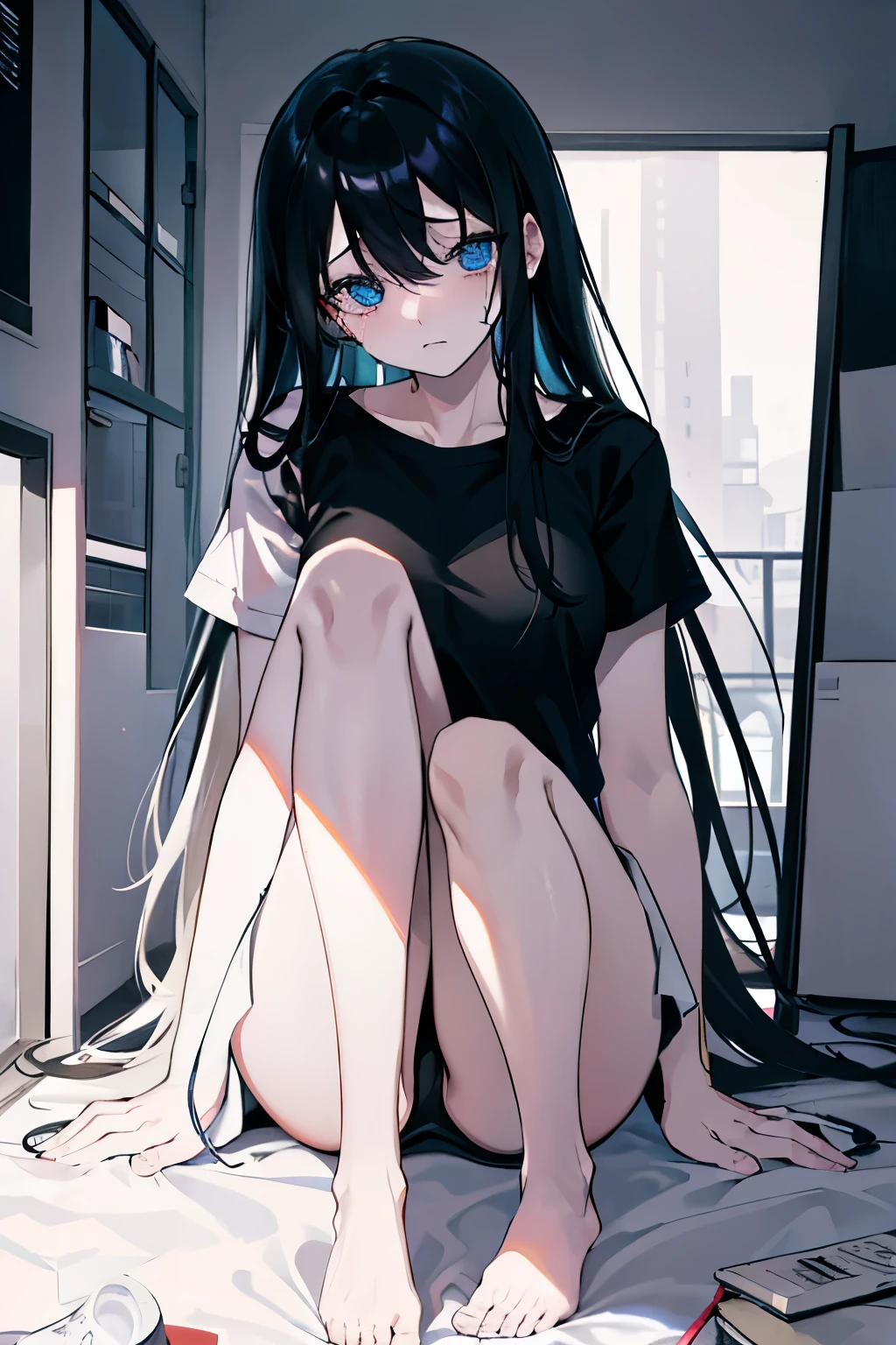 Lonely、ill、A girl looking down in despair、emptiness、alone、Looking down、Dark feeling、Hollow Eyes、、Wearing a plain black loose fitting T-shirt、tears、Black-haired woman, , Masami Kurumada Style, inspired by Yukihiko Yasuda,