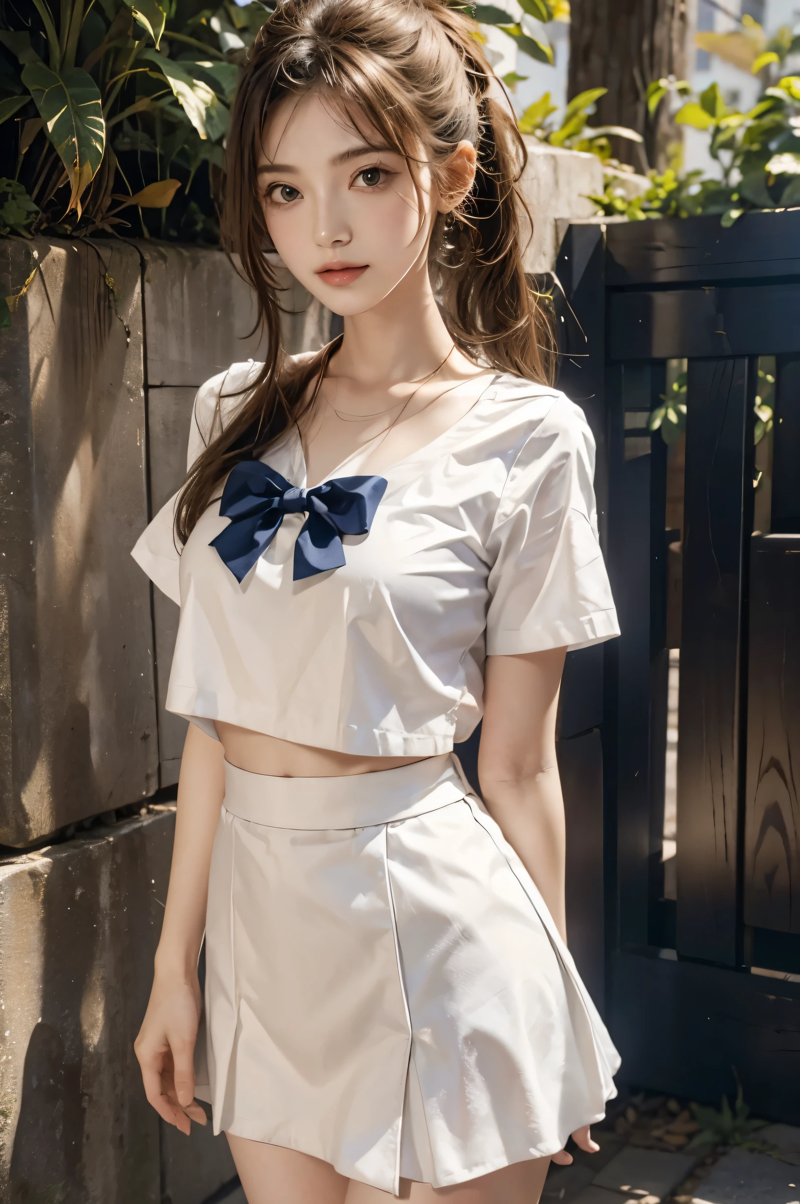(Ultra HD), (Sailor suit:1.4, White short sleeve shirt, Navy blue mini skirt), Big Breasts, slender, whole body, Standing posture, (Clean and shiny skin, Whitening, No makeup), (Super slim face, Super beautiful face), (Light Brown Ponytail, Layered Cut, Fluffy hair), (double eyelid, Slanted Eyes), Small Nose, Thin lips, Thin legs, school gate